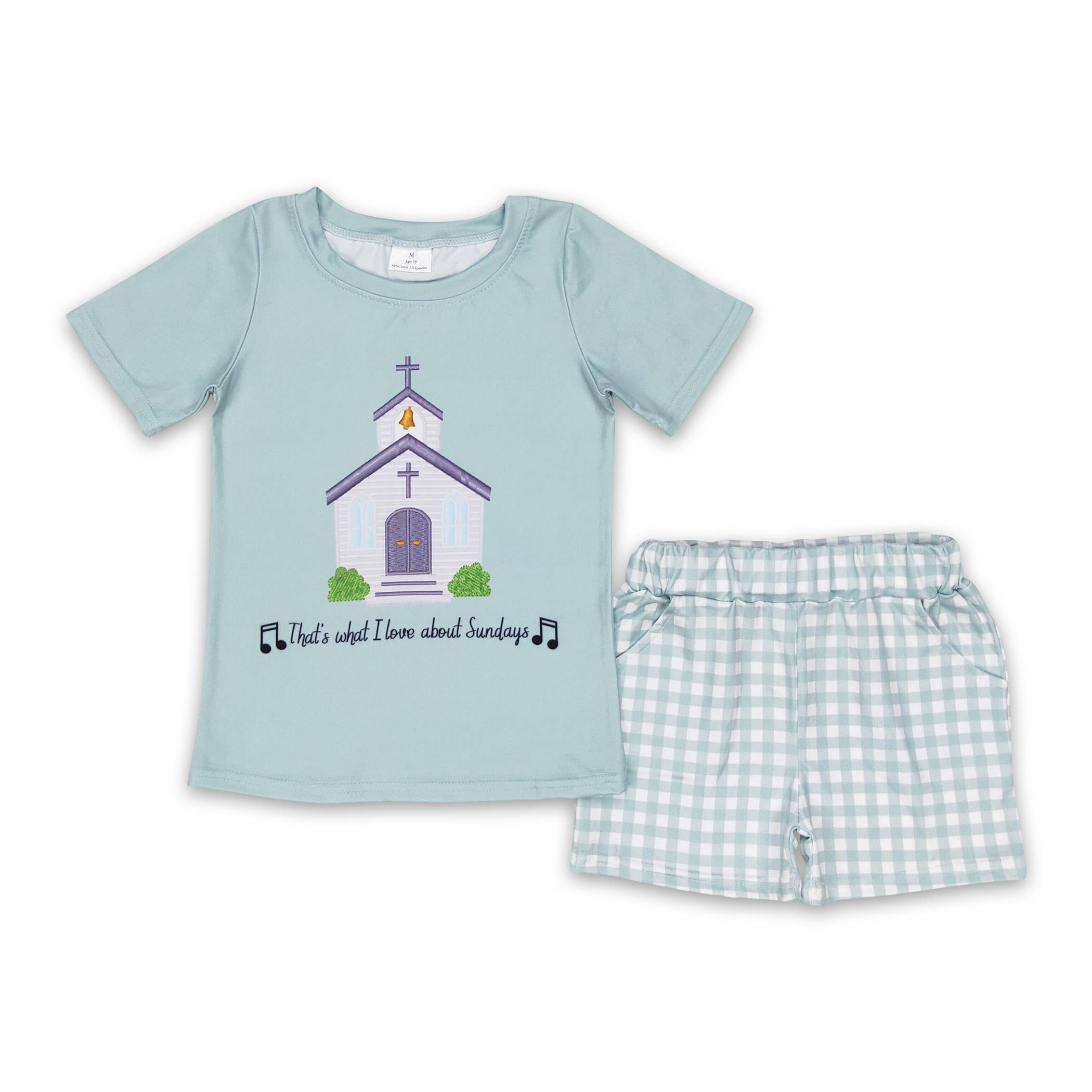 Short sleeves cross church top plaid shorts boys clothes: Set / 3T