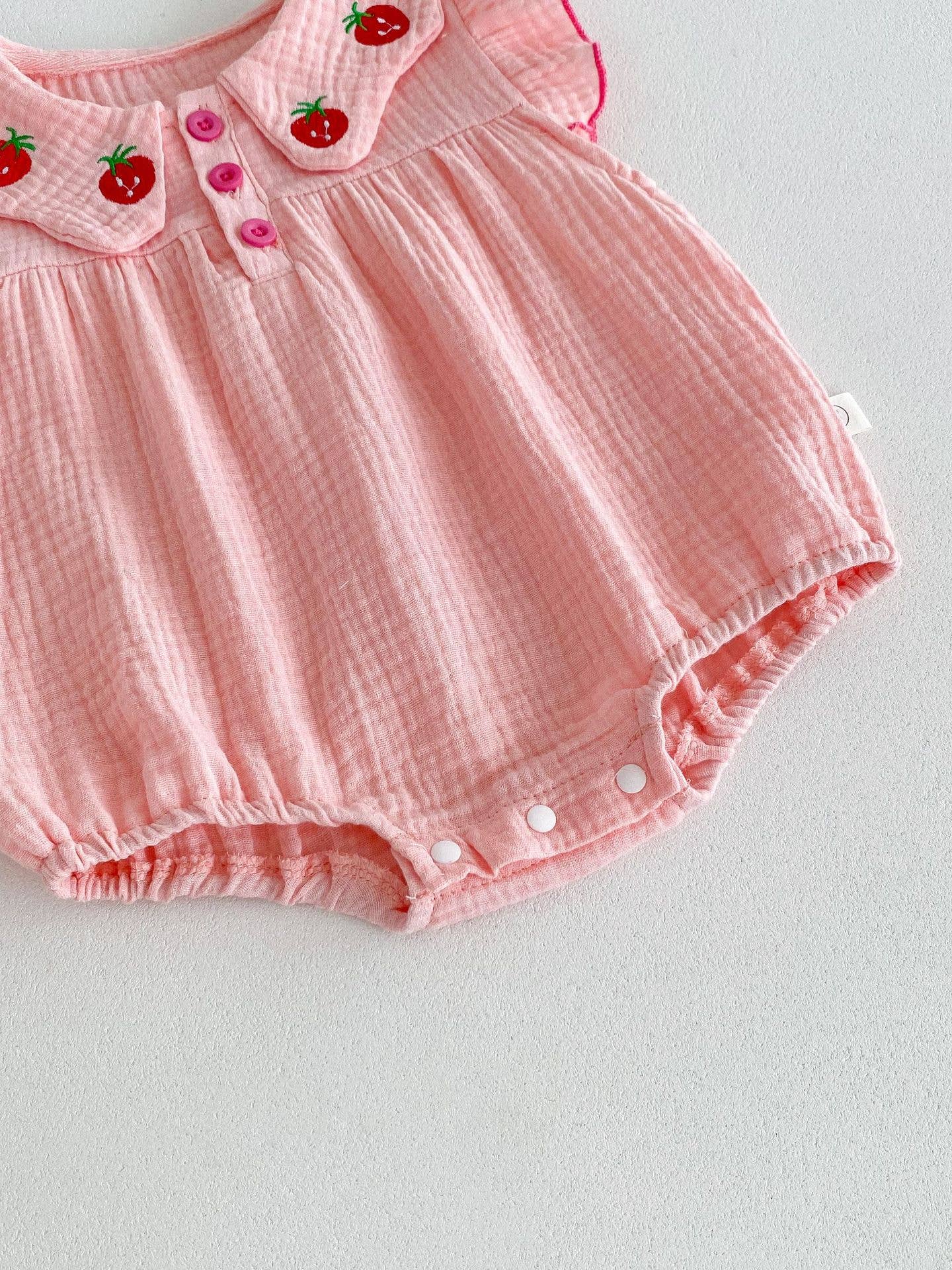 Baby Girl Pink Strawberry Collar Romper with Headband: Pink / 9-12M
