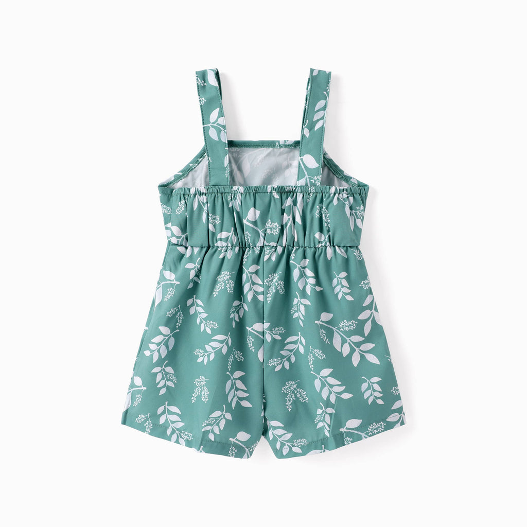 Toddler Girl Leaf Print Button Design Strap Romper: Green / 18-24 Months
