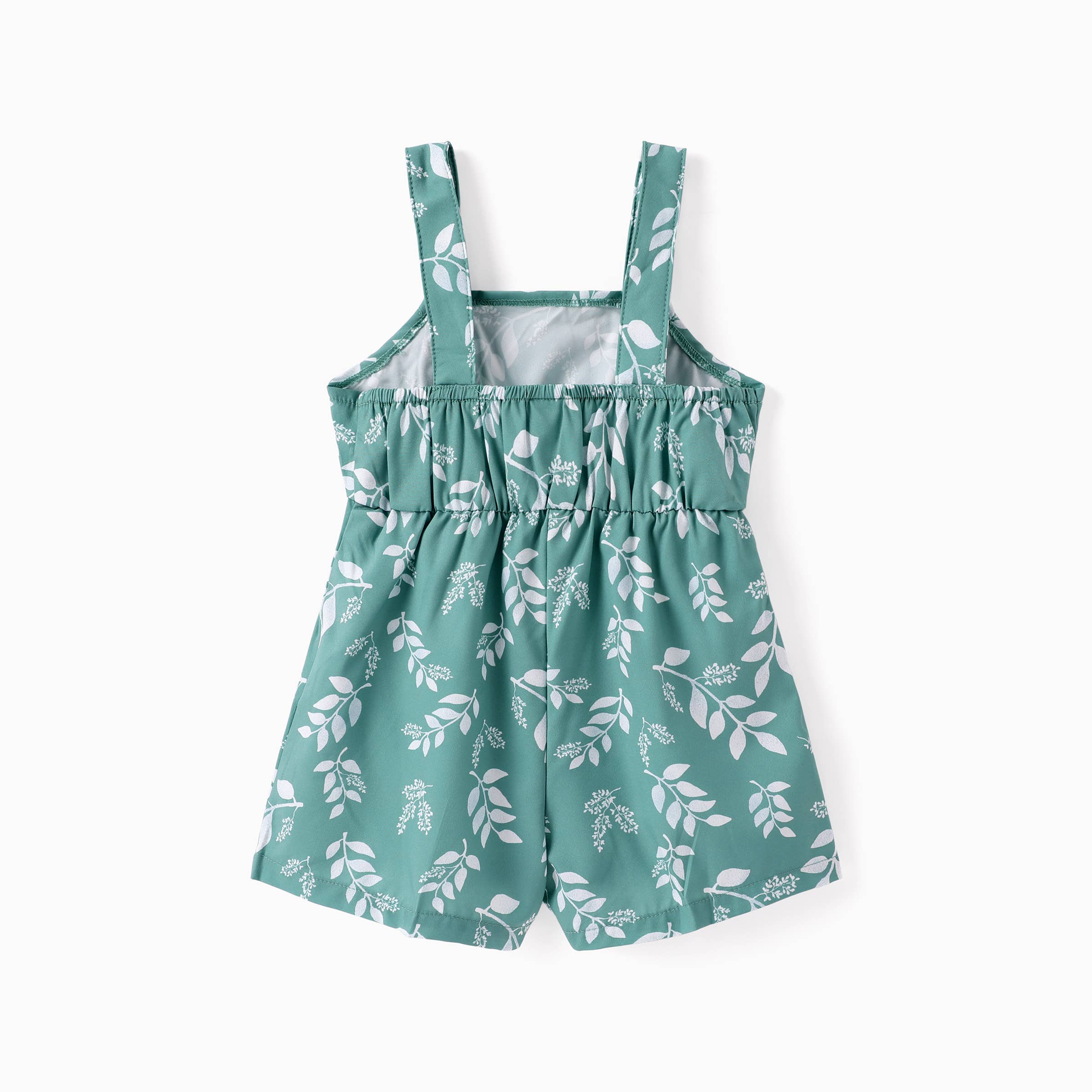 Toddler Girl Leaf Print Button Design Strap Romper: Green / 18-24 Months