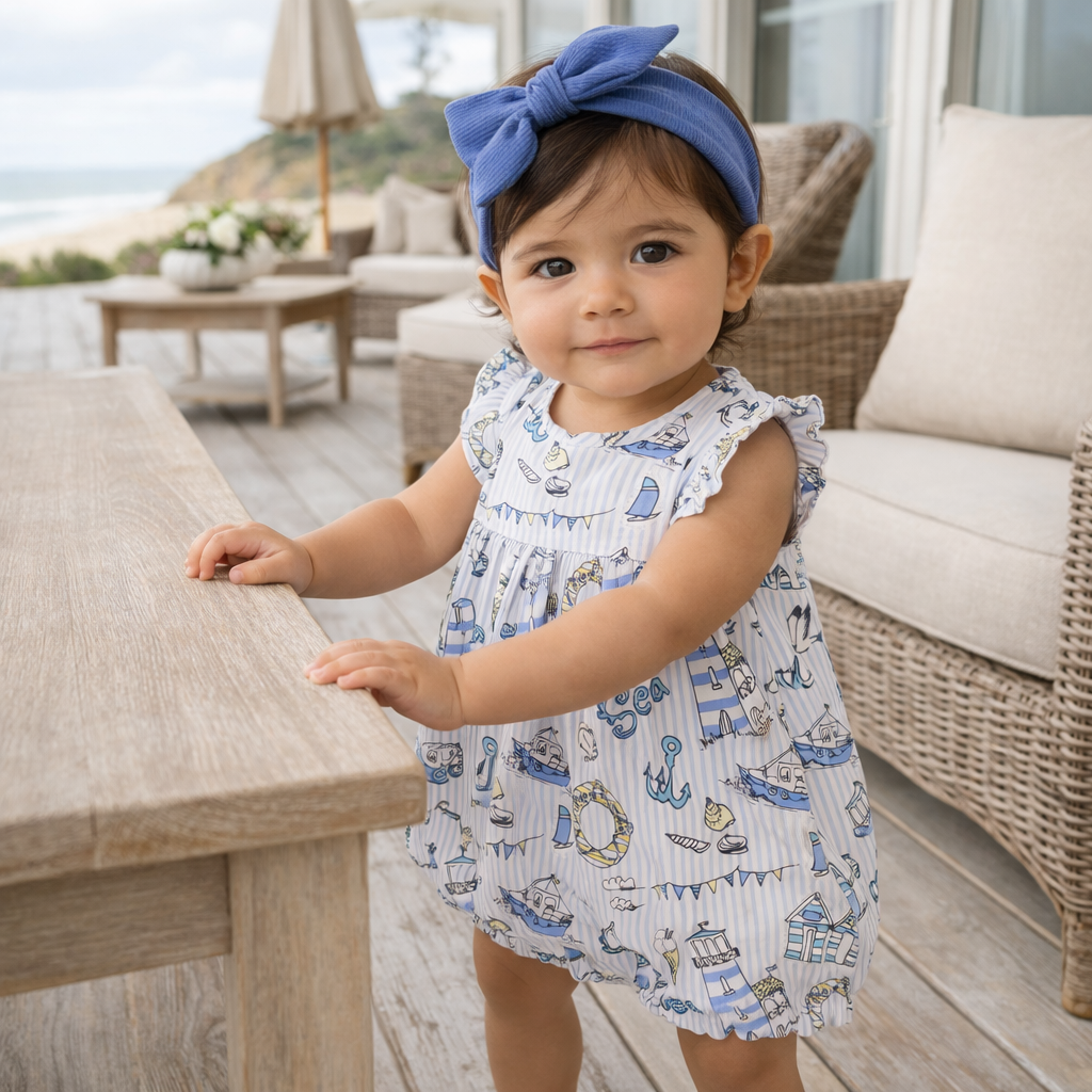 Seashore Bubble Romper – Bamboo Baby Girl Outfit: 9-12M