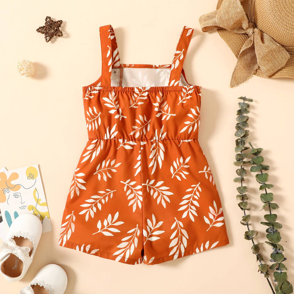 Toddler Girl Leaf Print Button Design Strap Romper: Green / 18-24 Months