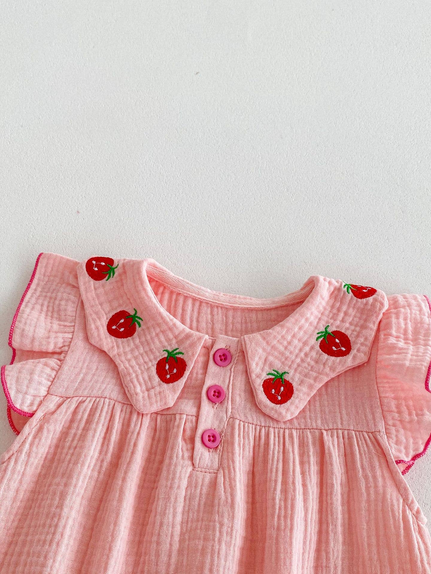 Baby Girl Pink Strawberry Collar Romper with Headband: Pink / 6-9M