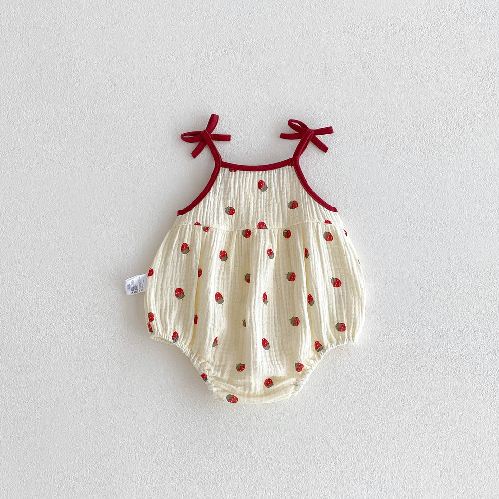 Baby Girls Strawberry Waffle Romper Red Bow Straps: Red / 0-3M