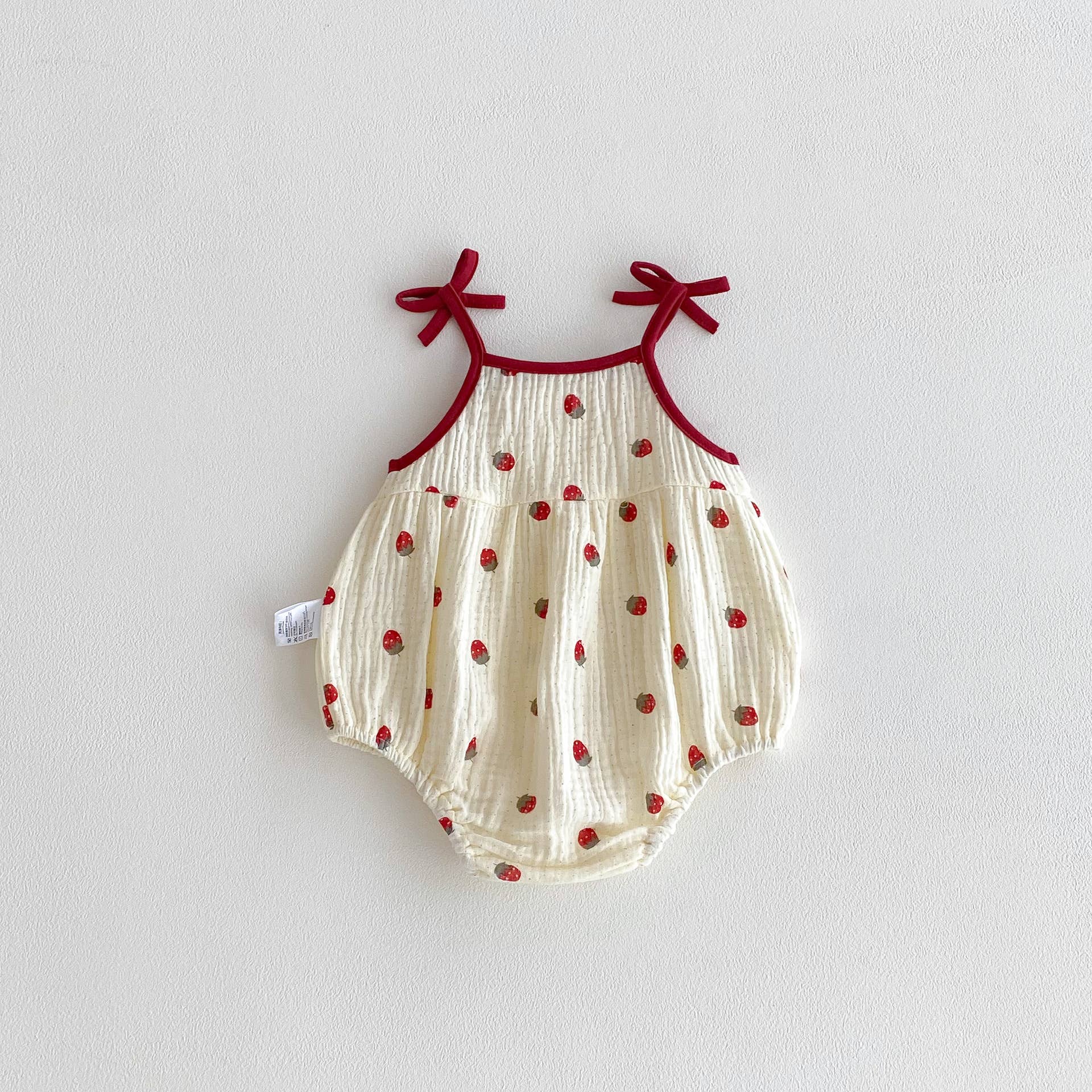 Baby Girls Strawberry Waffle Romper Red Bow Straps: Red / 0-3M