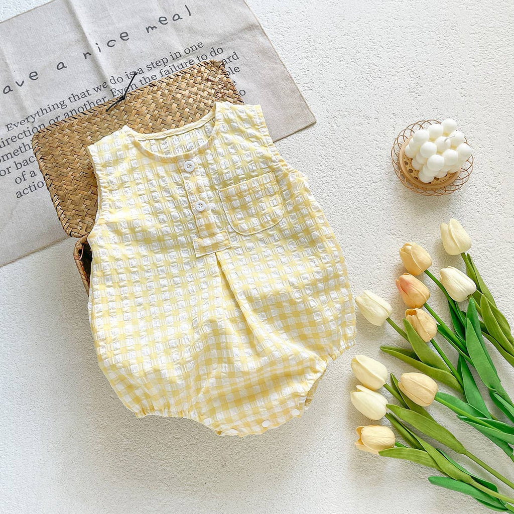 Blue White Checkered Sleeveless Romper for Baby: Green / 6-9M