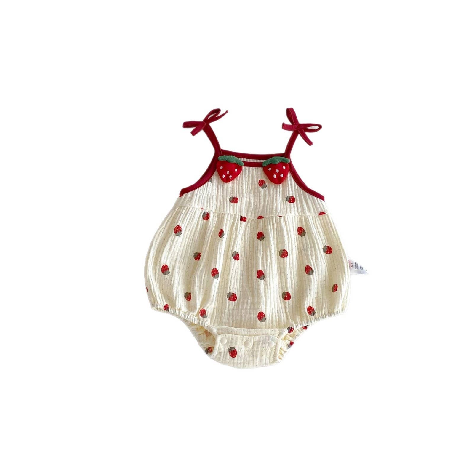 Baby Girls Strawberry Waffle Romper Red Bow Straps: Red / 9-12M