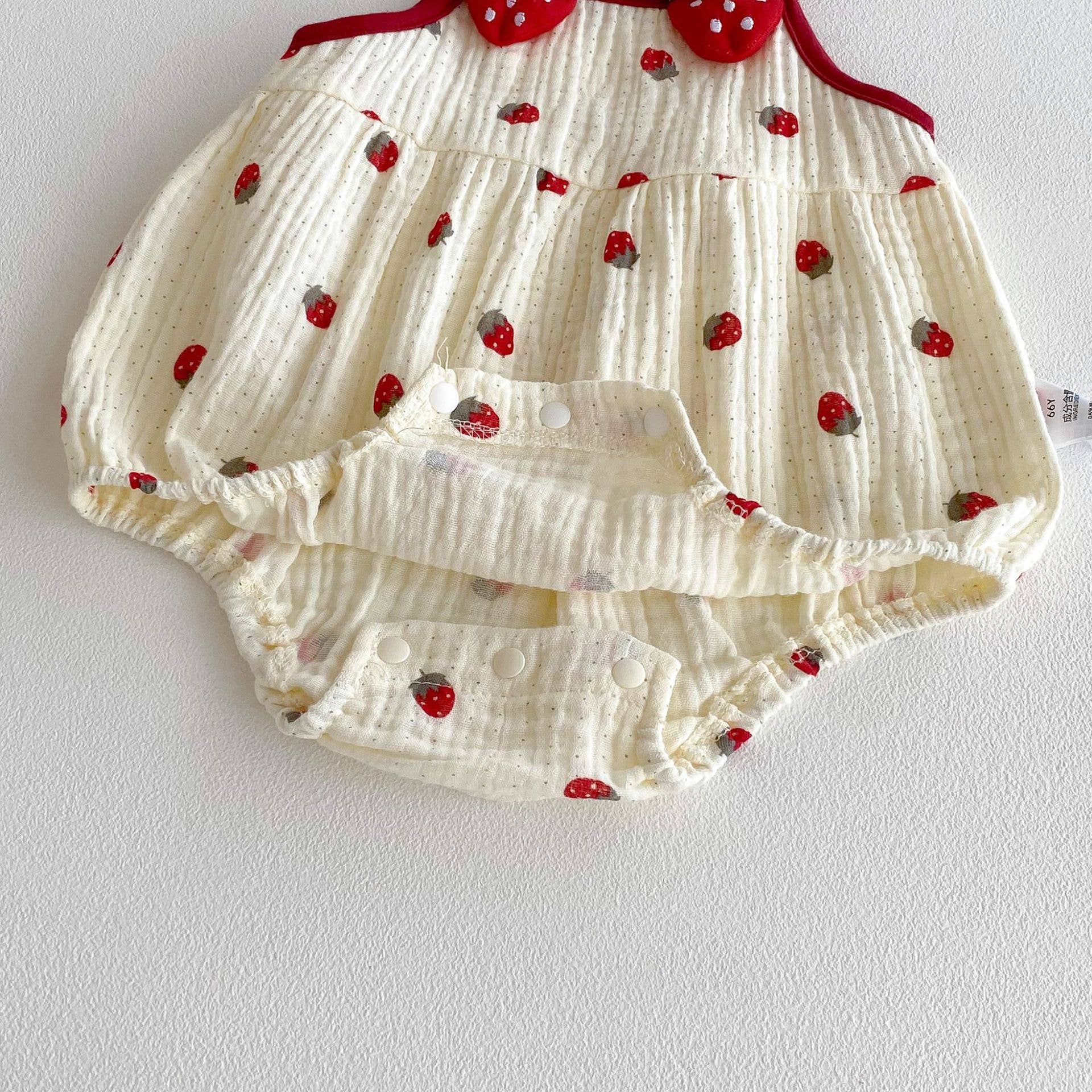 Baby Girls Strawberry Waffle Romper Red Bow Straps: Red / 9-12M