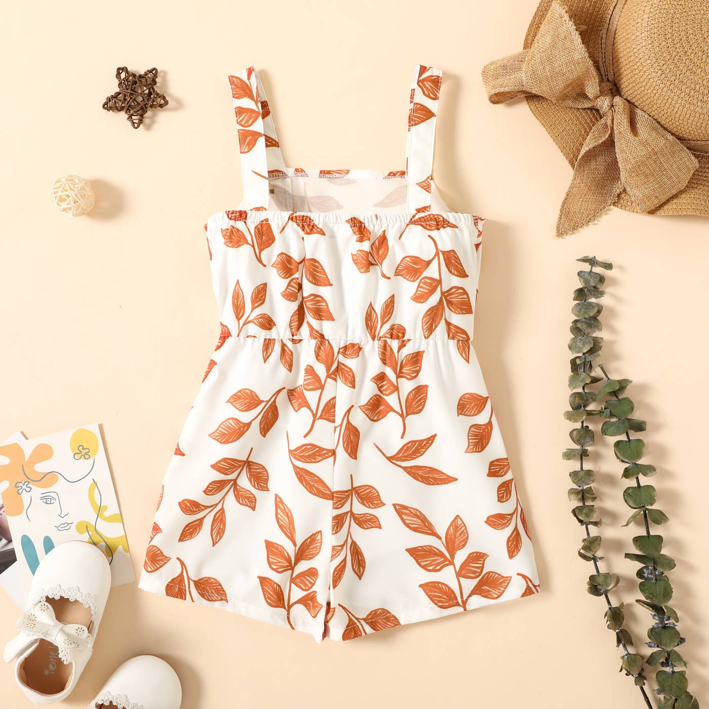 Toddler Girl Leaf Print Button Design Strap Romper: Green / 18-24 Months