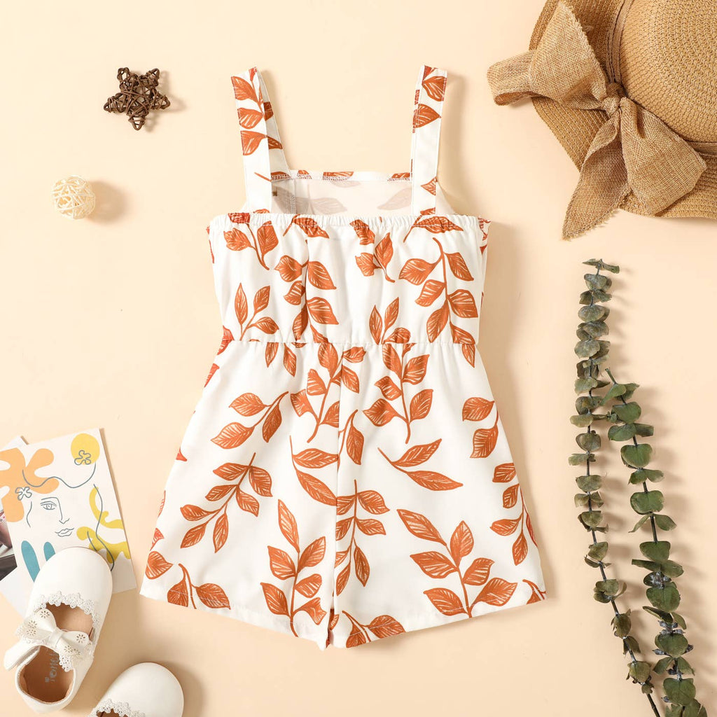 Toddler Girl Leaf Print Button Design Strap Romper: Green / 3-4 Years