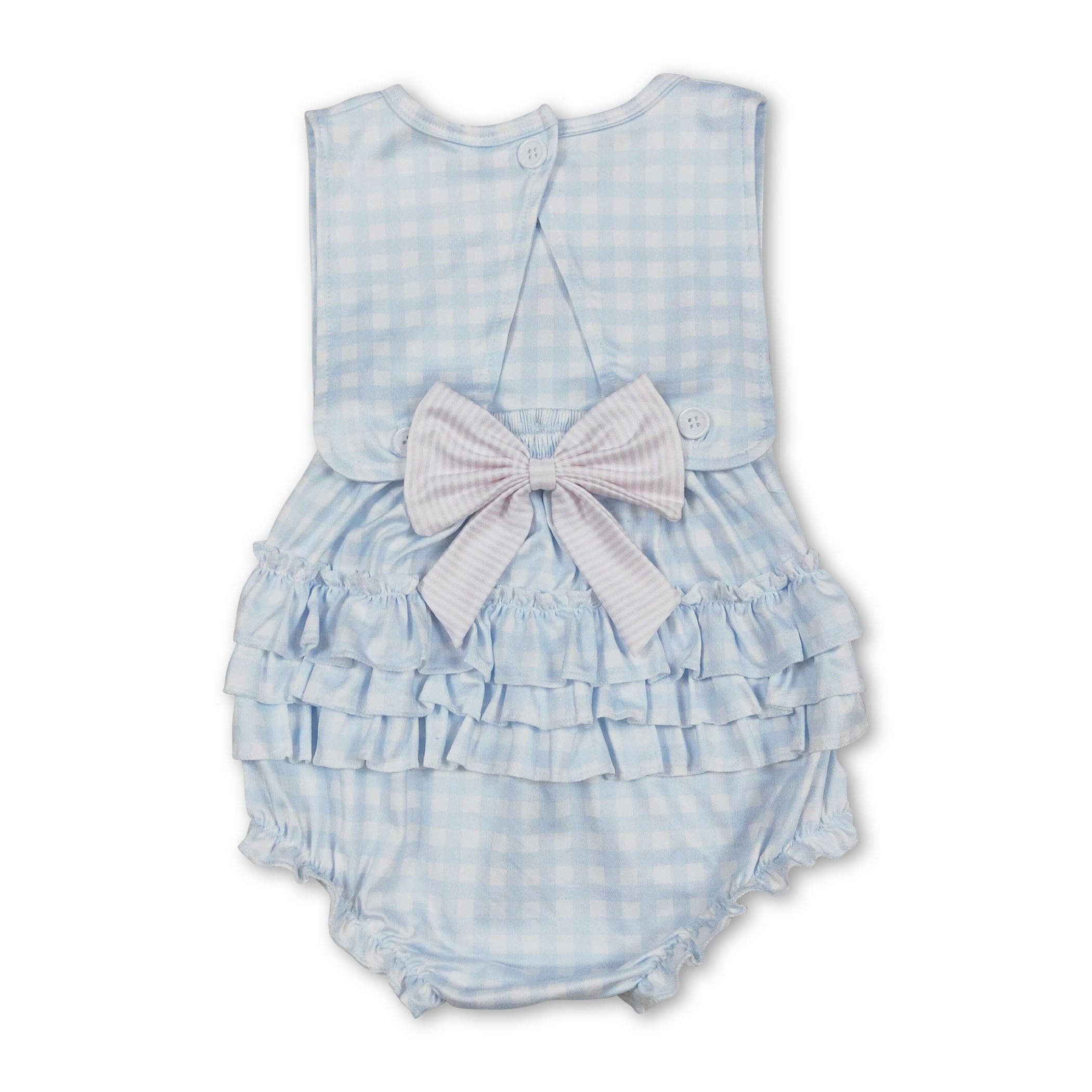 Sleeveless bow embroidery plaid ruffle baby girls romper: 3-6M