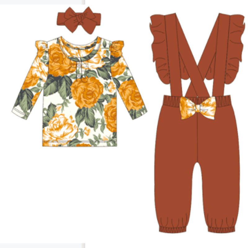 3-Piece Toddler Girl Floral Overalls & Headband Outfit: Multi-color / 3 Years