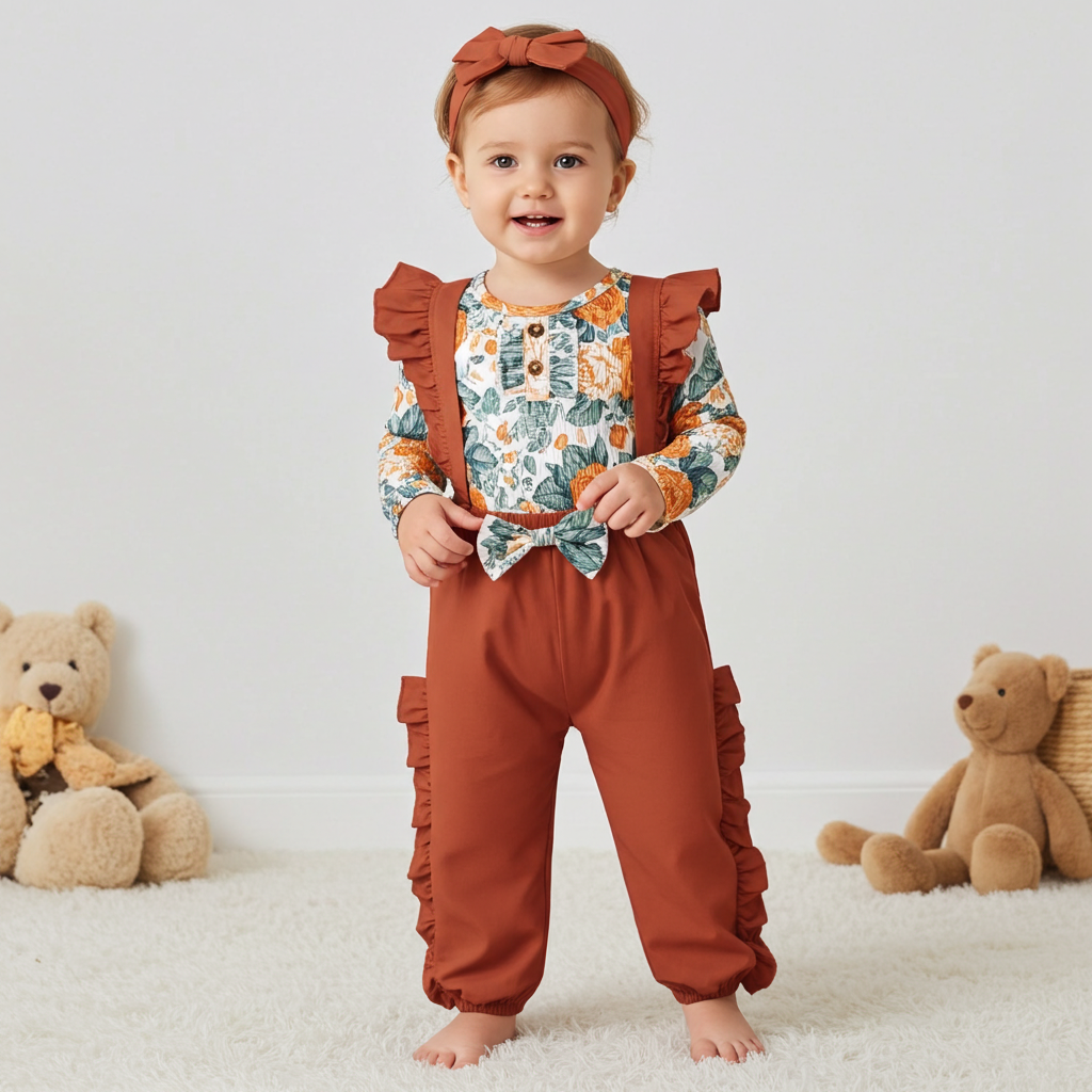 3-Piece Toddler Girl Floral Overalls & Headband Outfit: Multi-color / 4-5 Years