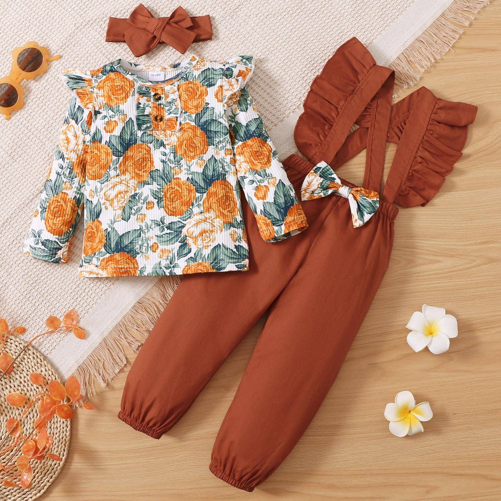 3-Piece Toddler Girl Floral Overalls & Headband Outfit: Multi-color / 4-5 Years
