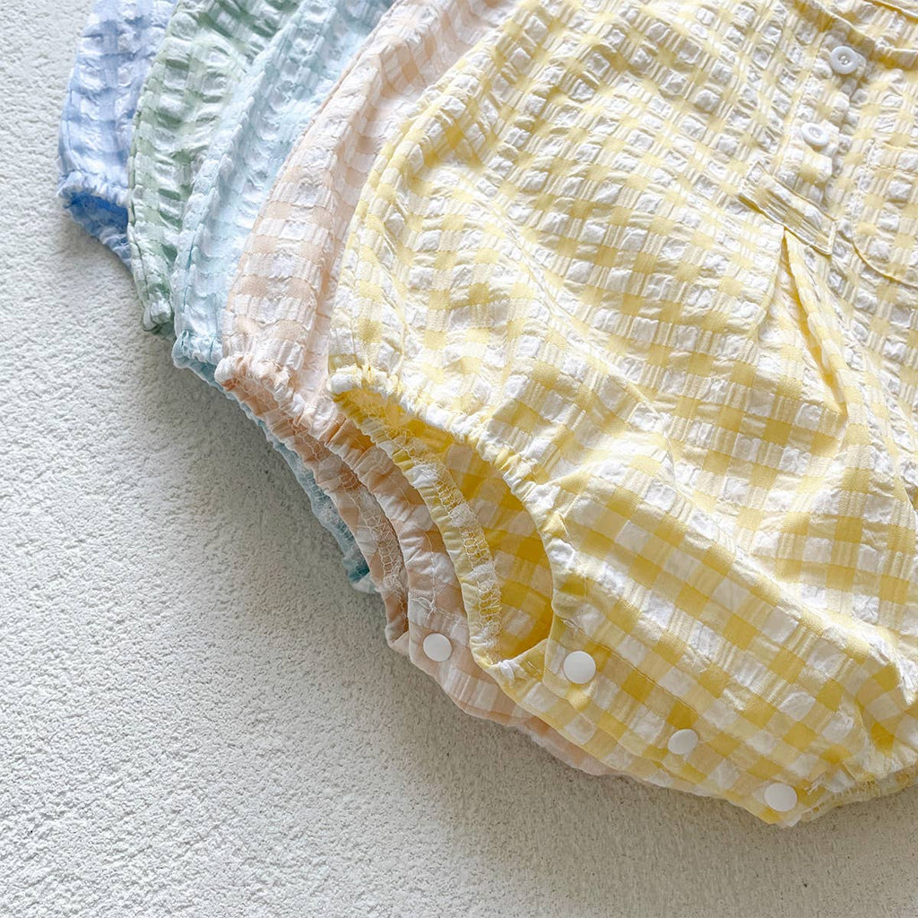 Blue White Checkered Sleeveless Romper for Baby: Blue / 9-12M