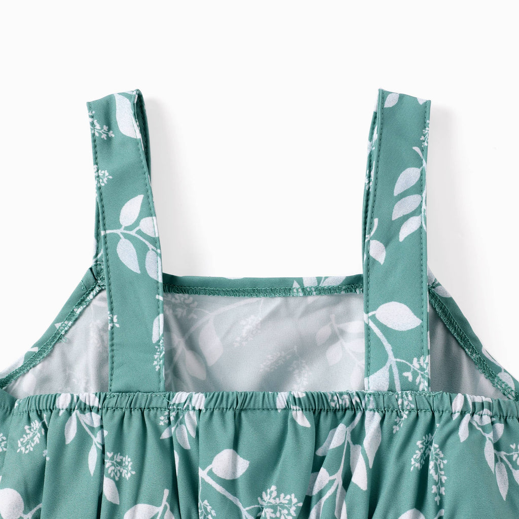 Toddler Girl Leaf Print Button Design Strap Romper: Green / 3-4 Years