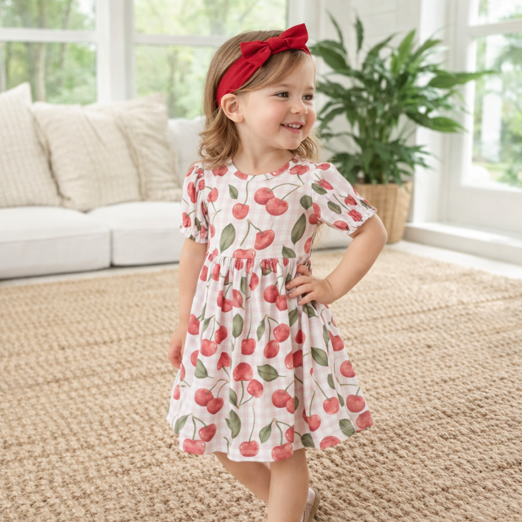 Cherry Picnic Puff Sleeve Bamboo Dress: 3T