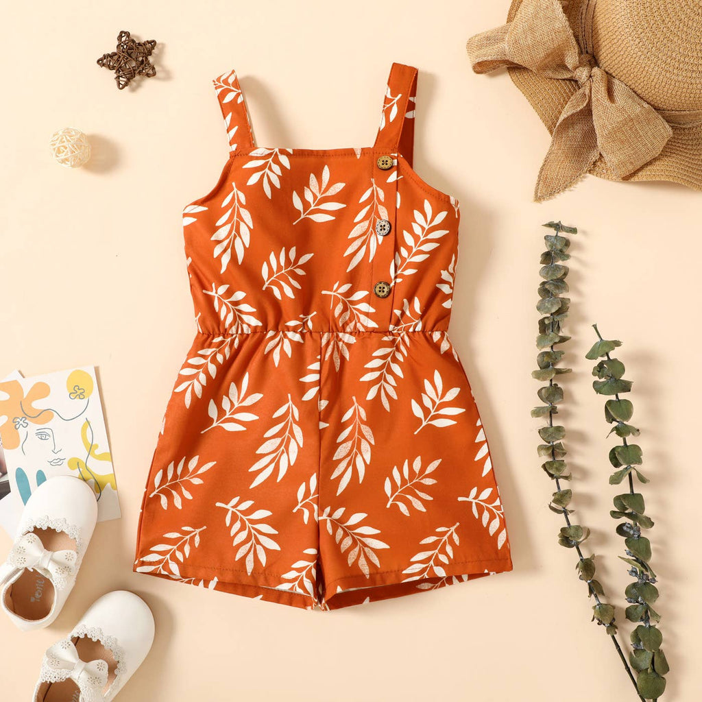 Toddler Girl Leaf Print Button Design Strap Romper: Green / 3-4 Years