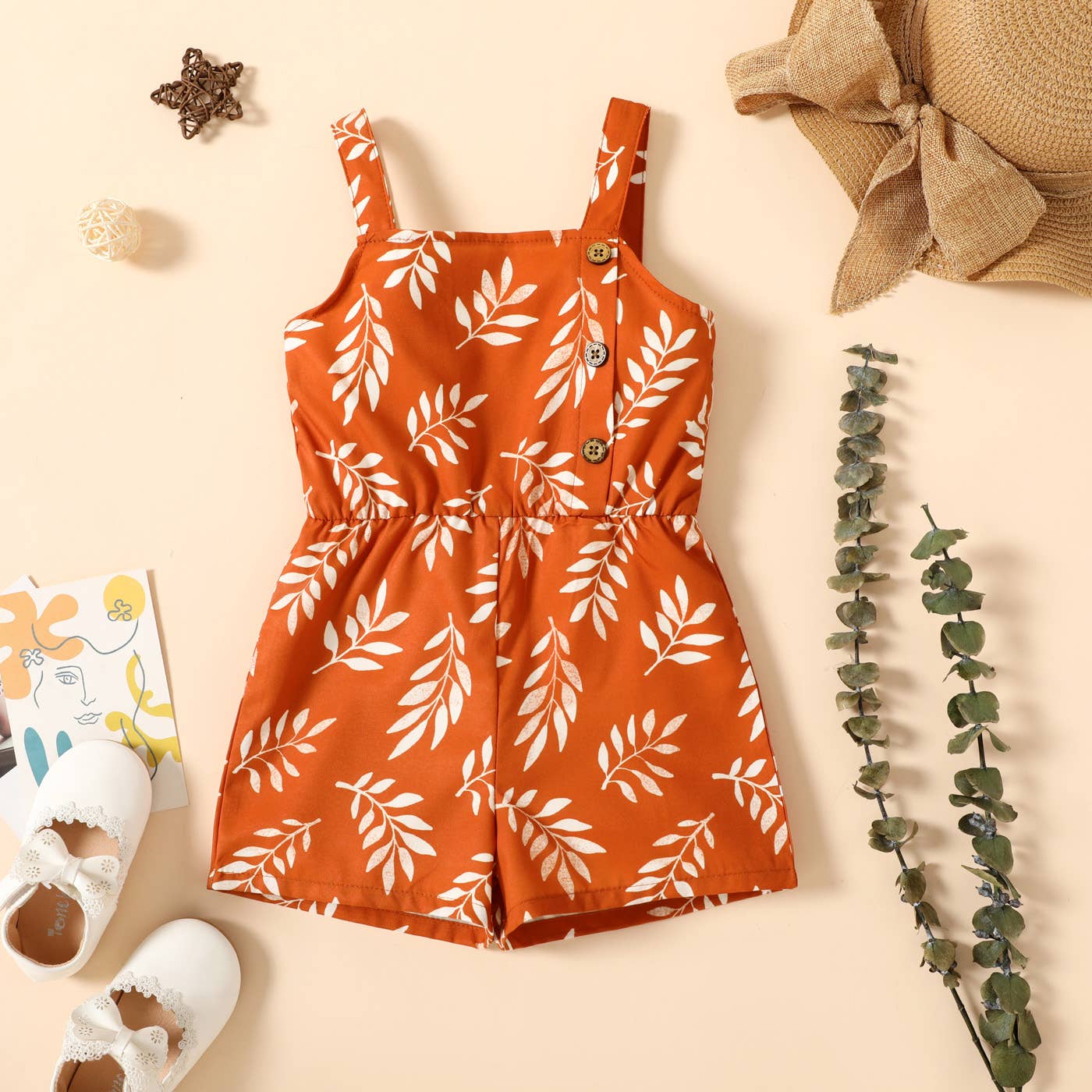 Toddler Girl Leaf Print Button Design Strap Romper: Green / 3-4 Years