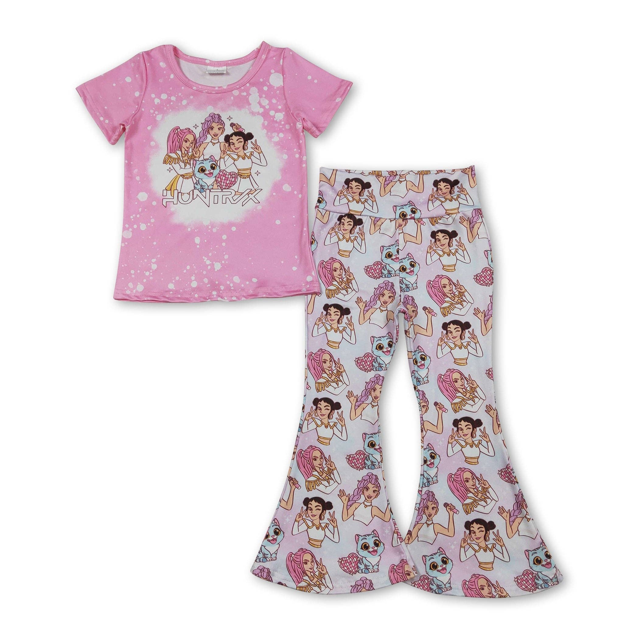 Short sleeves pink bleached top pants music girls outfits: 6-7T
