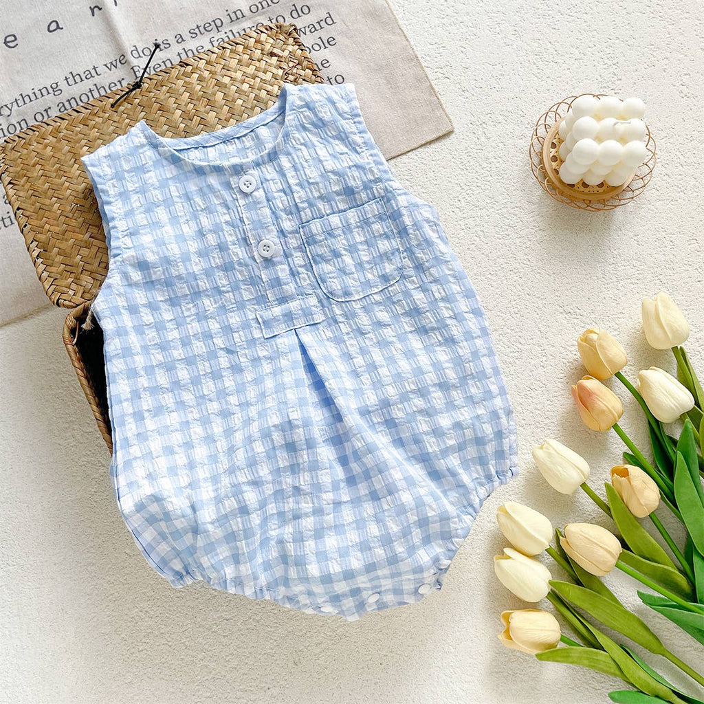 Blue White Checkered Sleeveless Romper for Baby: Blue / 12-18M