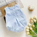 Blue White Checkered Sleeveless Romper for Baby: Blue / 6-9M