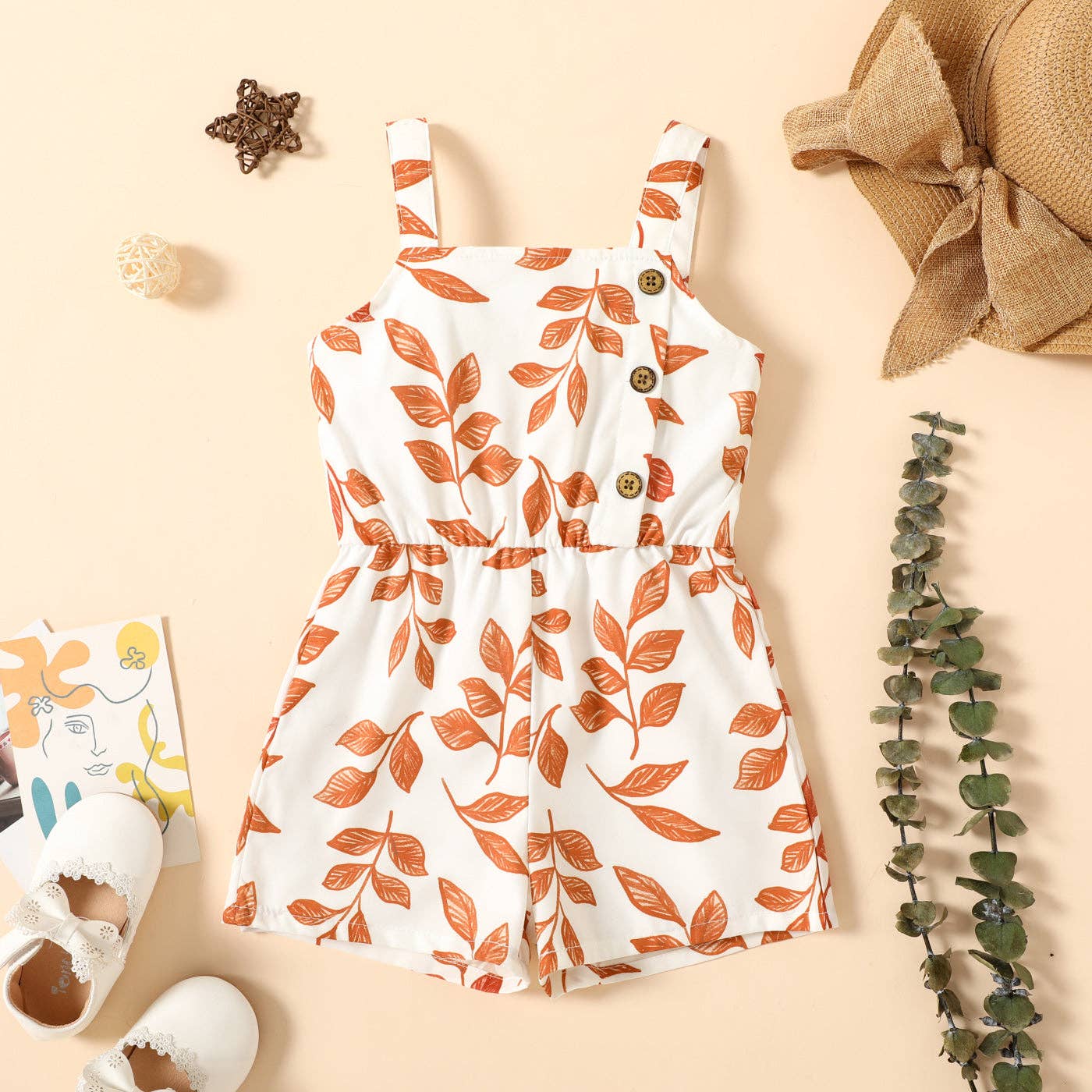 Toddler Girl Leaf Print Button Design Strap Romper: Green / 3-4 Years