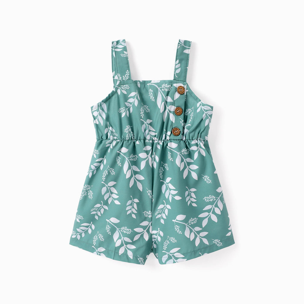 Toddler Girl Leaf Print Button Design Strap Romper: Green / 18-24 Months