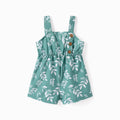 Toddler Girl Leaf Print Button Design Strap Romper: Green / 3-4 Years