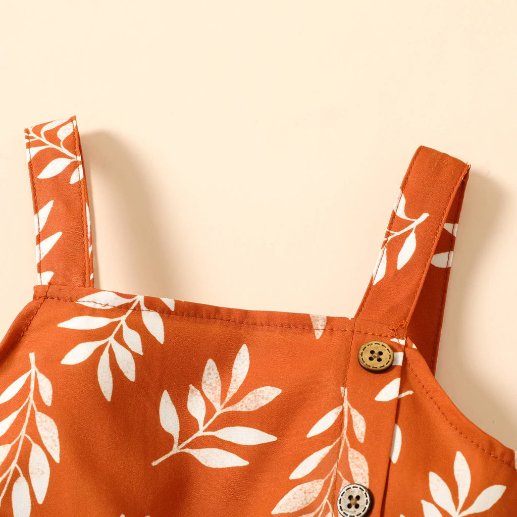 Toddler Girl Leaf Print Button Design Strap Romper: Green / 18-24 Months