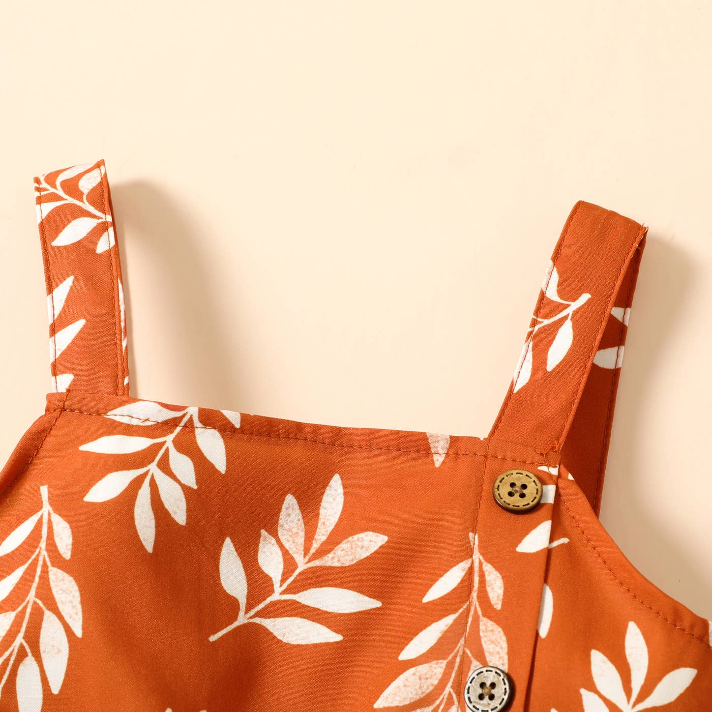 Toddler Girl Leaf Print Button Design Strap Romper: Green / 18-24 Months