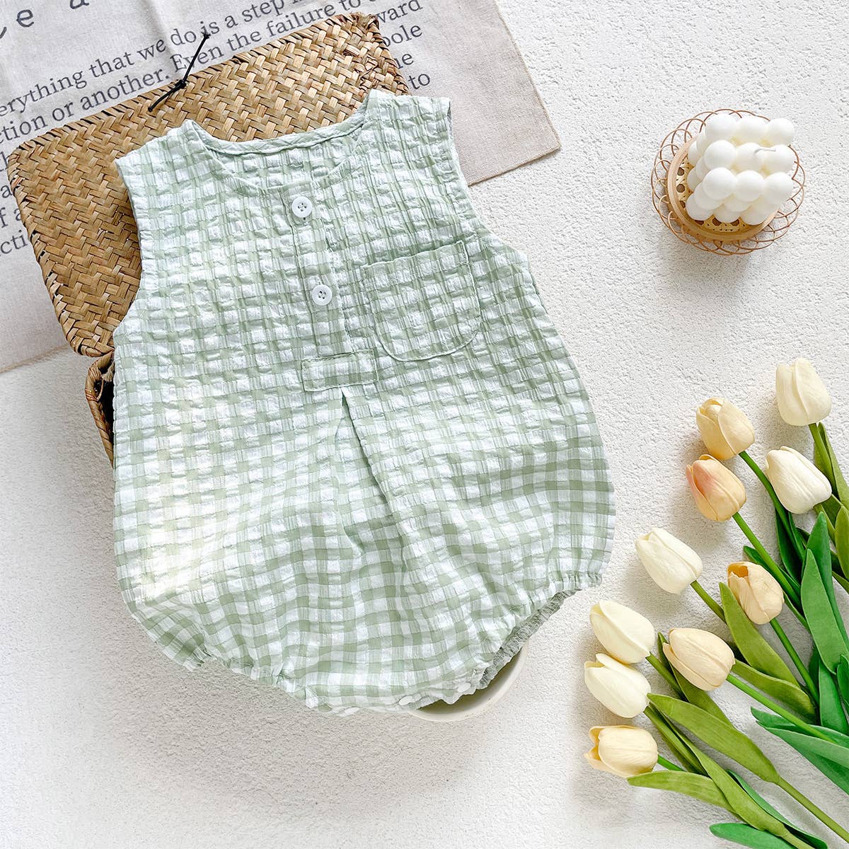 Blue White Checkered Sleeveless Romper for Baby: Blue / 9-12M
