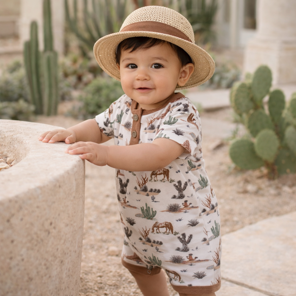 Baby Boy Shorty Romper – Bamboo Cactus Trails Henley Outfit: 6-9M