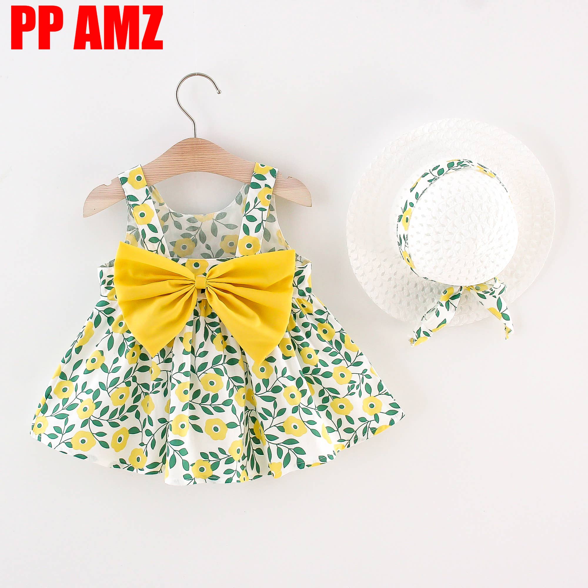 Baby Girl 2pcs Floral Bowknot Sleeveless Dress Set: Yellow / 18-24 Months