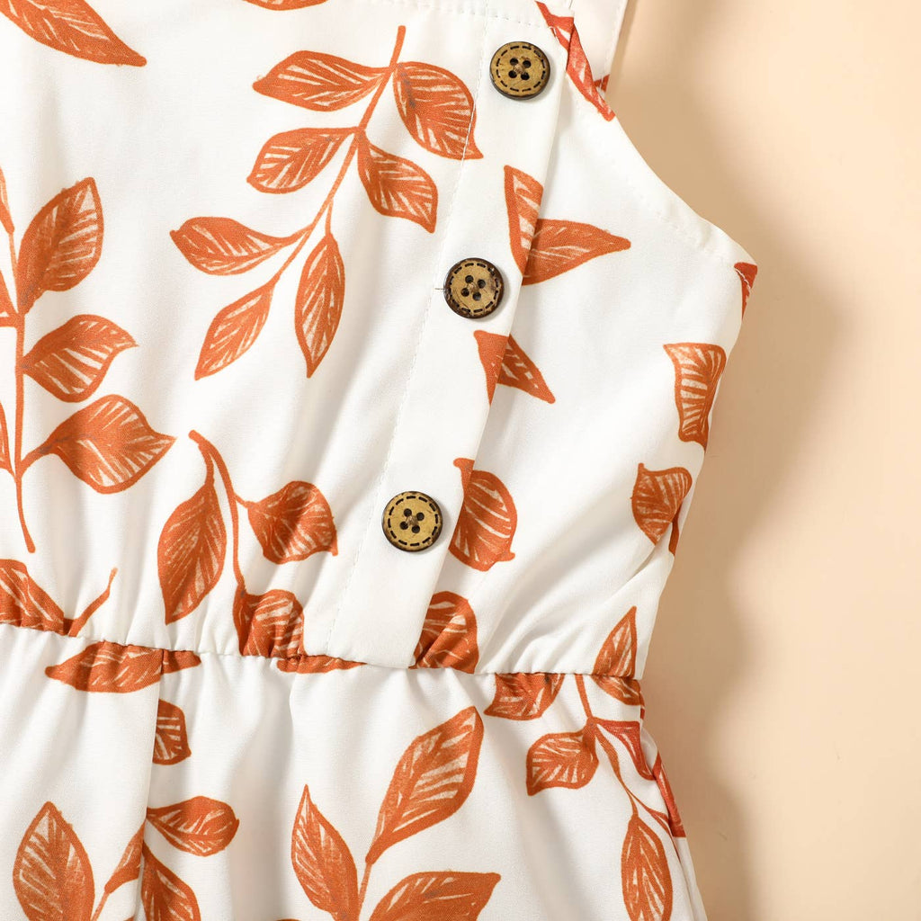 Toddler Girl Leaf Print Button Design Strap Romper: Green / 18-24 Months