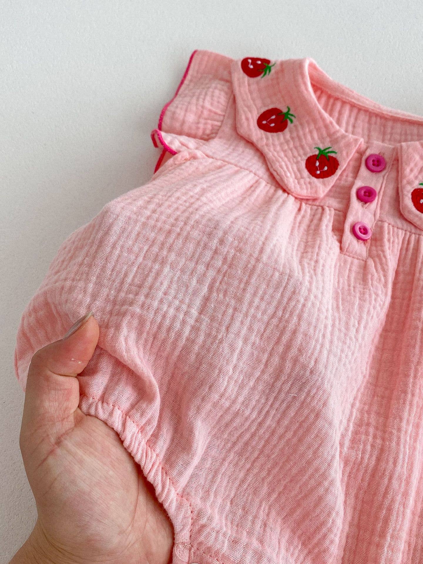 Baby Girl Pink Strawberry Collar Romper with Headband: Pink / 6-9M