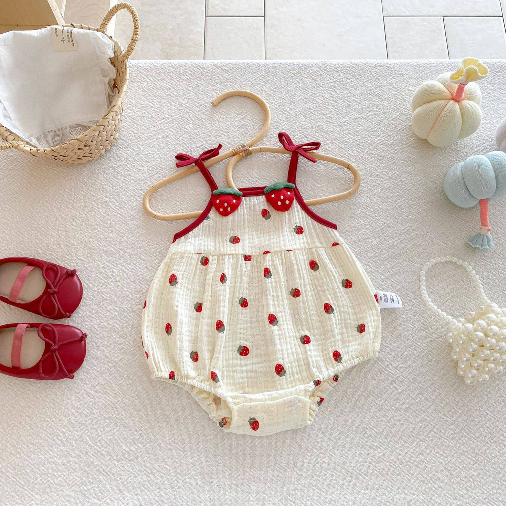 Baby Girls Strawberry Waffle Romper Red Bow Straps: Red / 3-6M