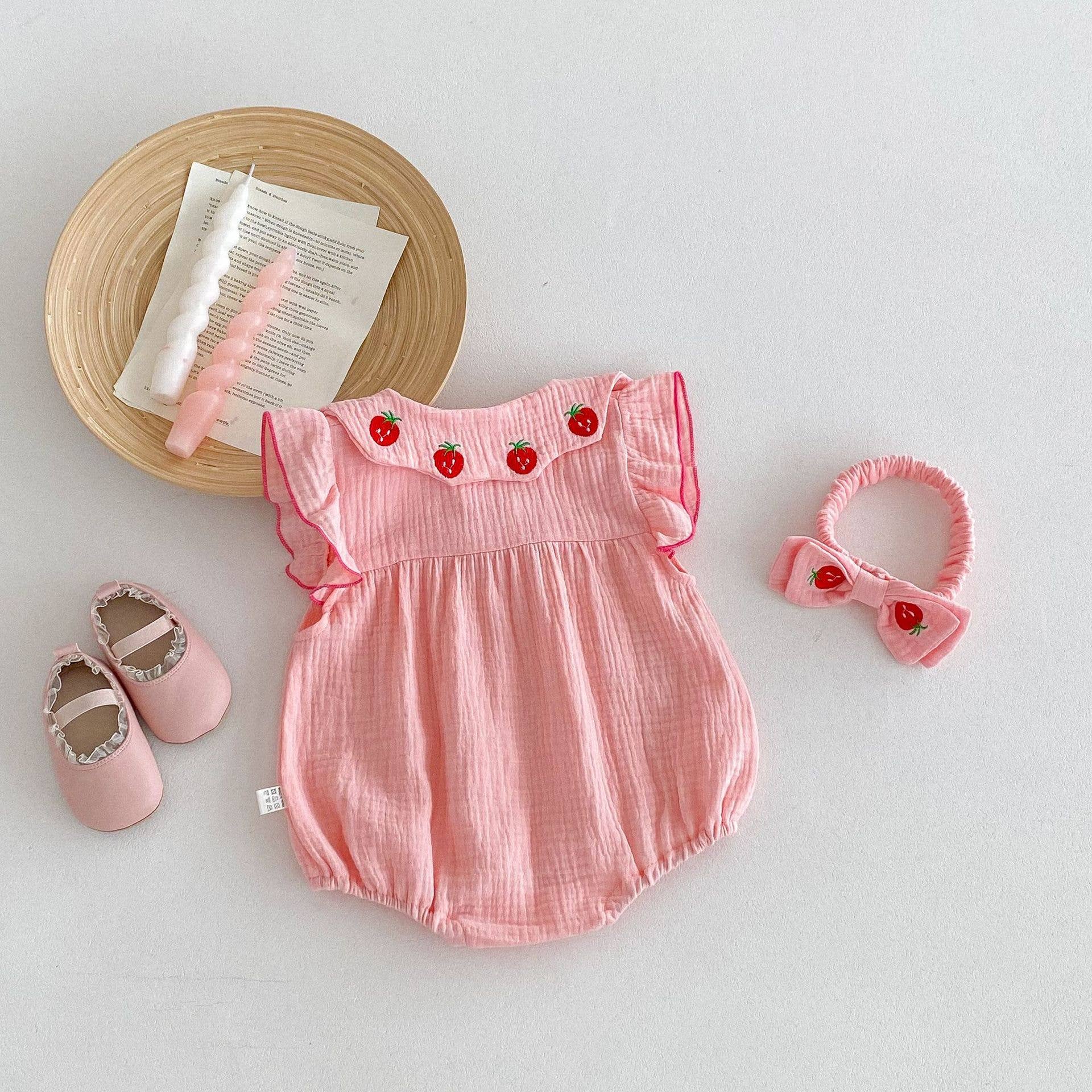 Baby Girl Pink Strawberry Collar Romper with Headband: Pink / 3-6M