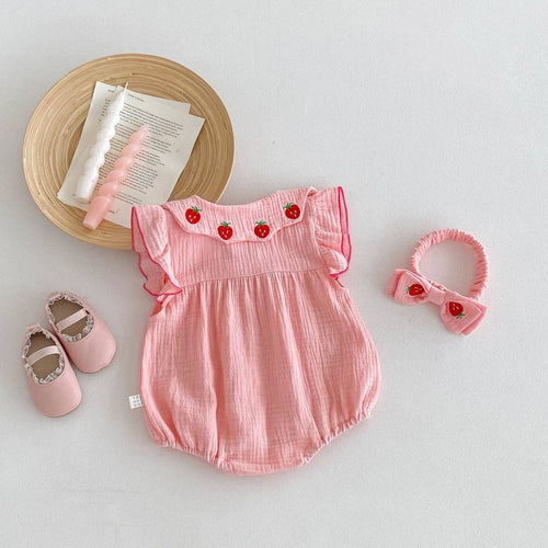 Baby Girl Pink Strawberry Collar Romper with Headband: Pink / 12-18M
