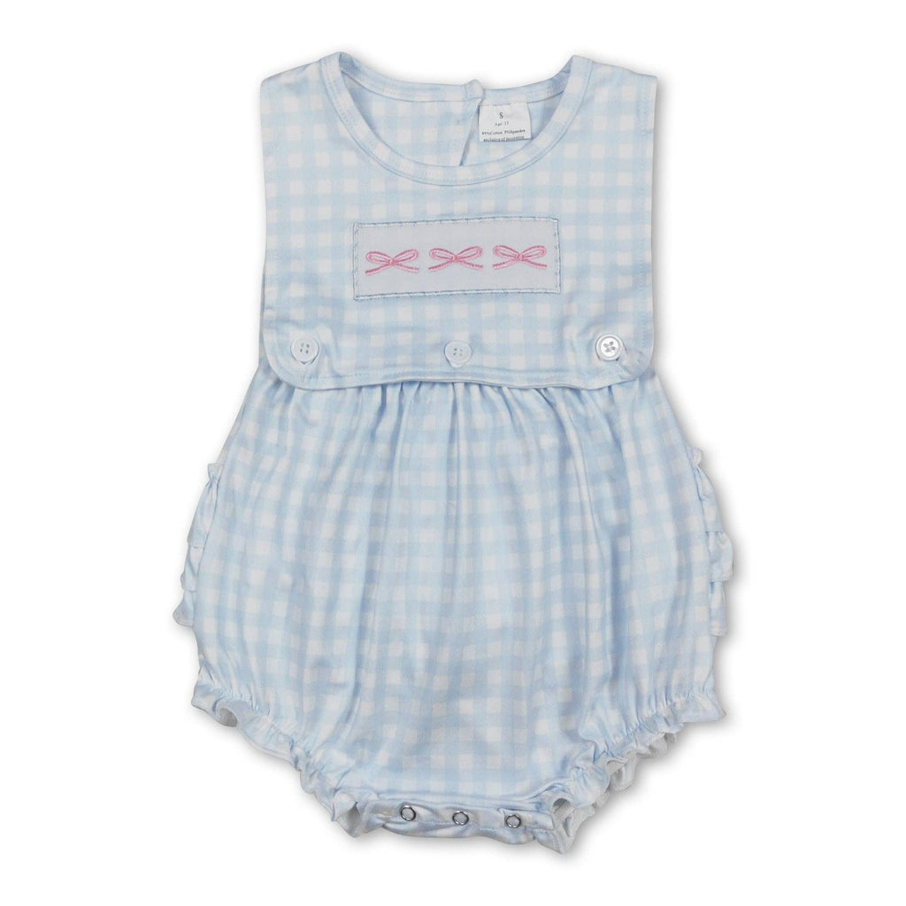 Sleeveless bow embroidery plaid ruffle baby girls romper: 3-6M