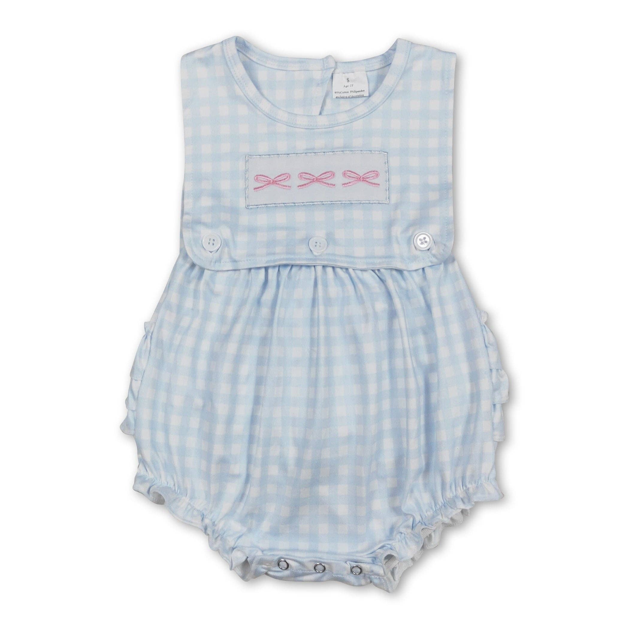 Sleeveless bow embroidery plaid ruffle baby girls romper: 3-6M