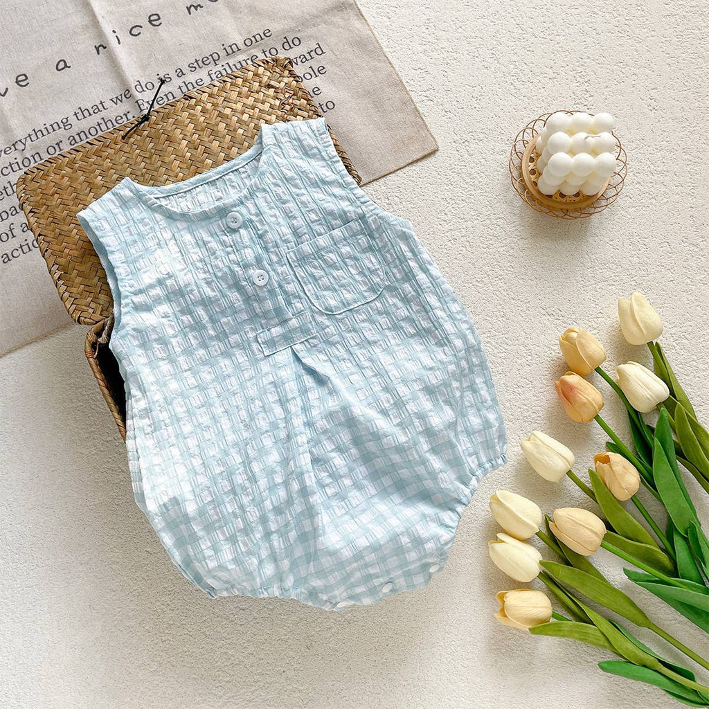 Blue White Checkered Sleeveless Romper for Baby: Blue / 9-12M