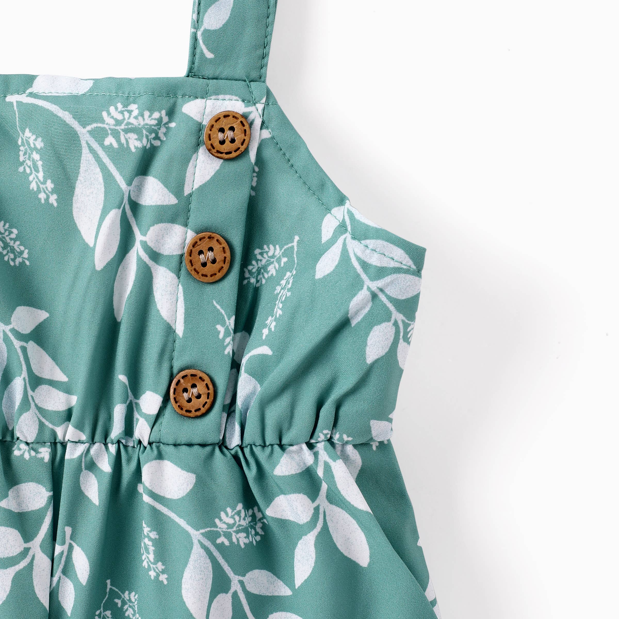 Toddler Girl Leaf Print Button Design Strap Romper: Green / 18-24 Months