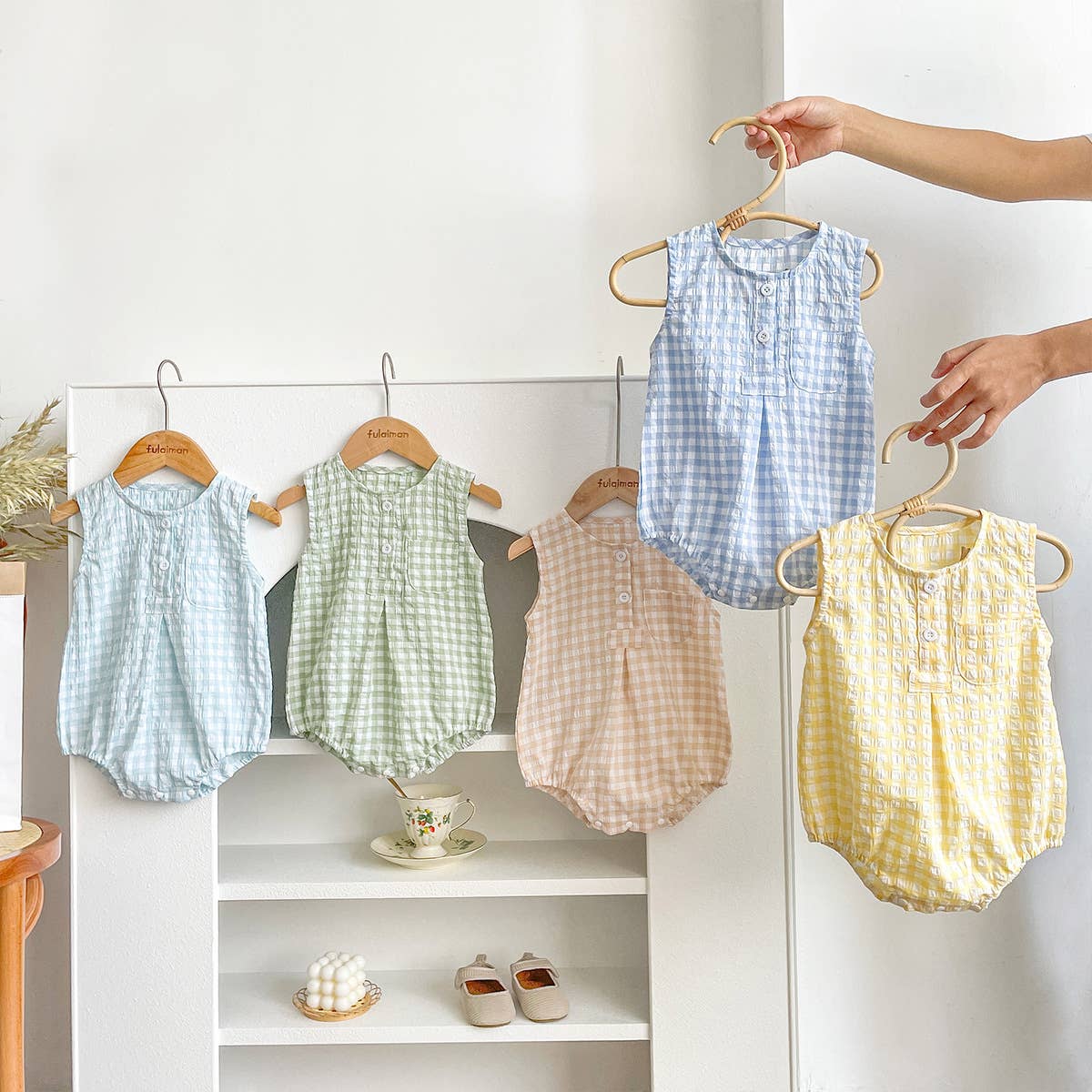 Blue White Checkered Sleeveless Romper for Baby: Blue / 6-9M