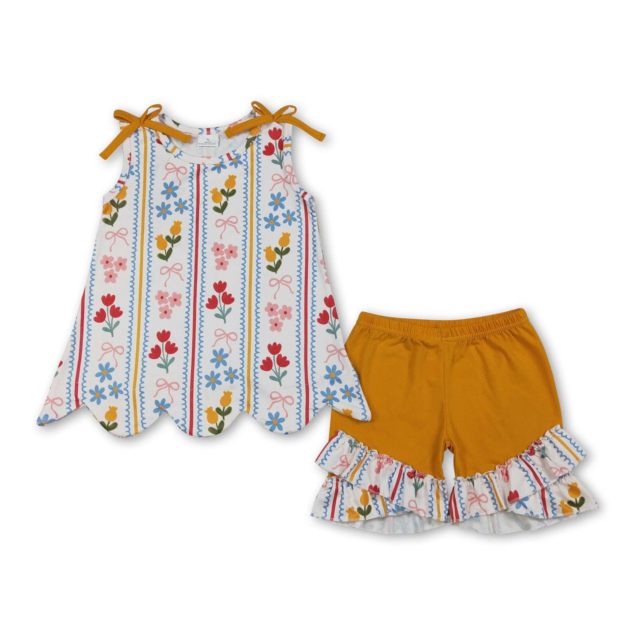 Sleeveless floral bow scallop top orange shorts girls outfits: 3T
