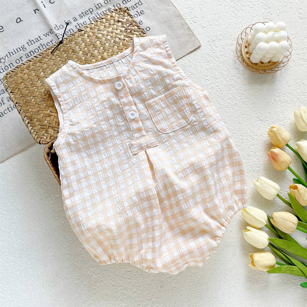 Blue White Checkered Sleeveless Romper for Baby: Blue / 6-9M